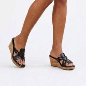 Cole Haan Wedges Patent Leather Cork Wedge Sandals Black Size 8